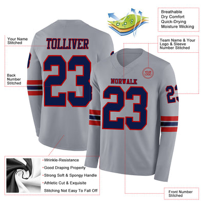 Custom Gray Navy-Red Long Sleeve Authentic Football Jersey