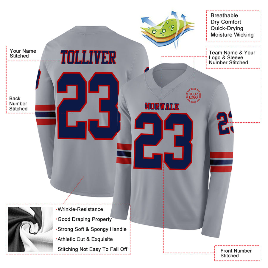 Custom Gray Navy-Red Long Sleeve Authentic Football Jersey