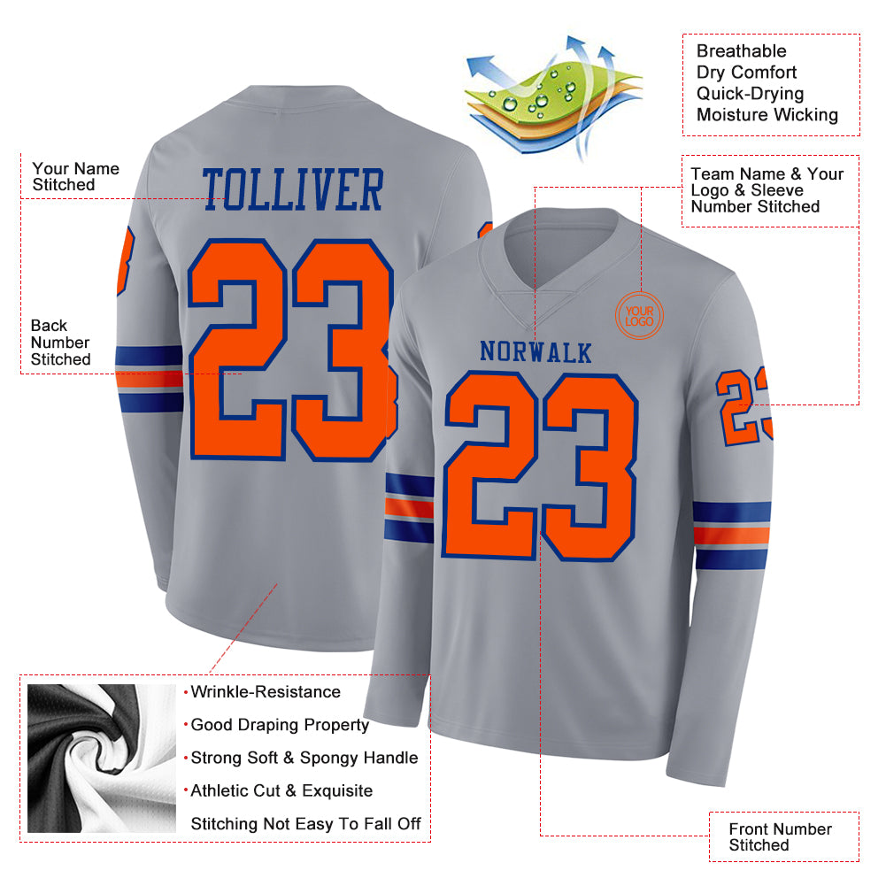 Custom Gray Orange-Royal Long Sleeve Authentic Football Jersey