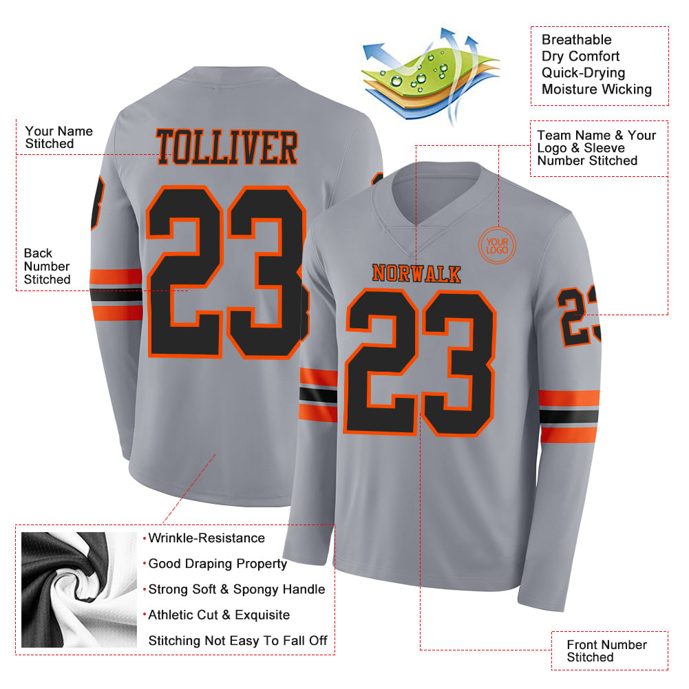 Custom Gray Black-Orange Long Sleeve Authentic Football Jersey