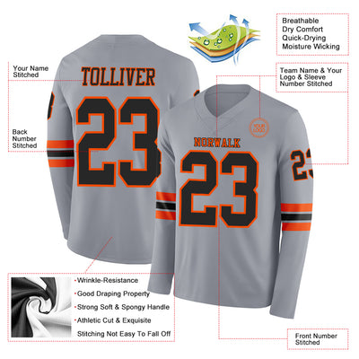 Custom Gray Black-Orange Long Sleeve Authentic Football Jersey