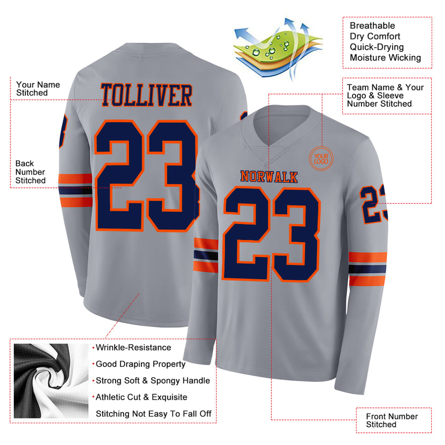 Custom Gray Navy-Orange Long Sleeve Authentic Football Jersey