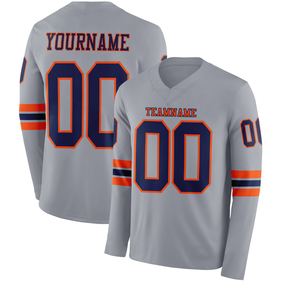 Custom Gray Navy-Orange Long Sleeve Authentic Football Jersey