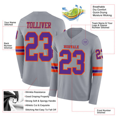 Custom Gray Purple-Orange Long Sleeve Authentic Football Jersey