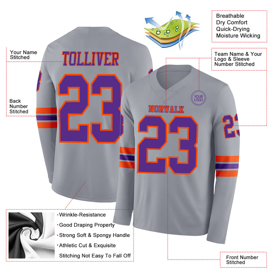 Custom Gray Purple-Orange Long Sleeve Authentic Football Jersey