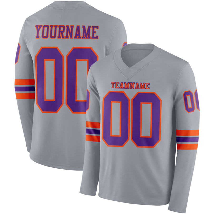 Custom Gray Purple-Orange Long Sleeve Authentic Football Jersey