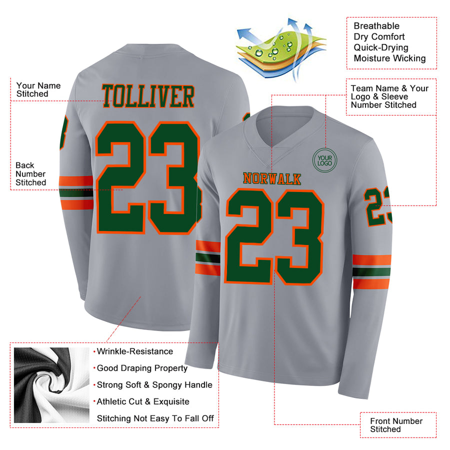 Custom Gray Green-Orange Long Sleeve Authentic Football Jersey