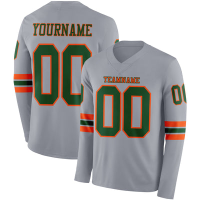 Custom Gray Green-Orange Long Sleeve Authentic Football Jersey