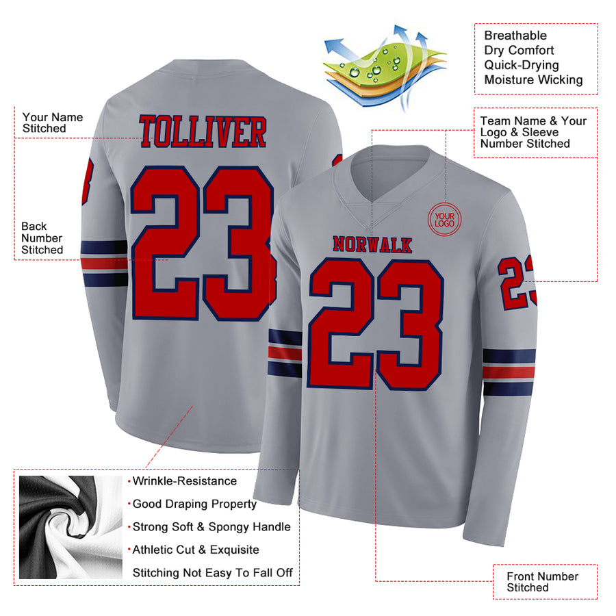 Custom Gray Red-Navy Long Sleeve Authentic Football Jersey