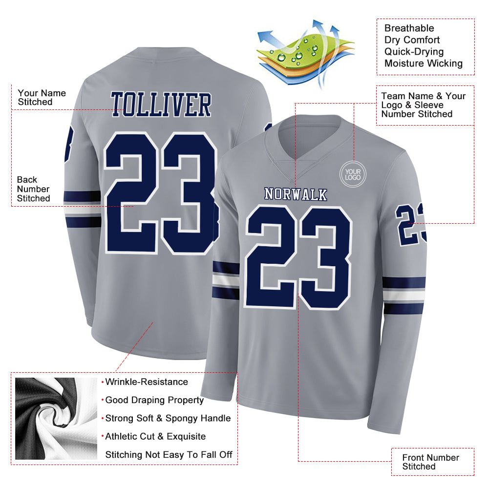 Custom Gray Navy-White Long Sleeve Authentic Football Jersey