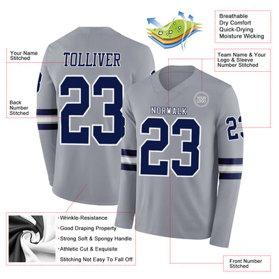Custom Gray Navy-White Long Sleeve Authentic Football Jersey