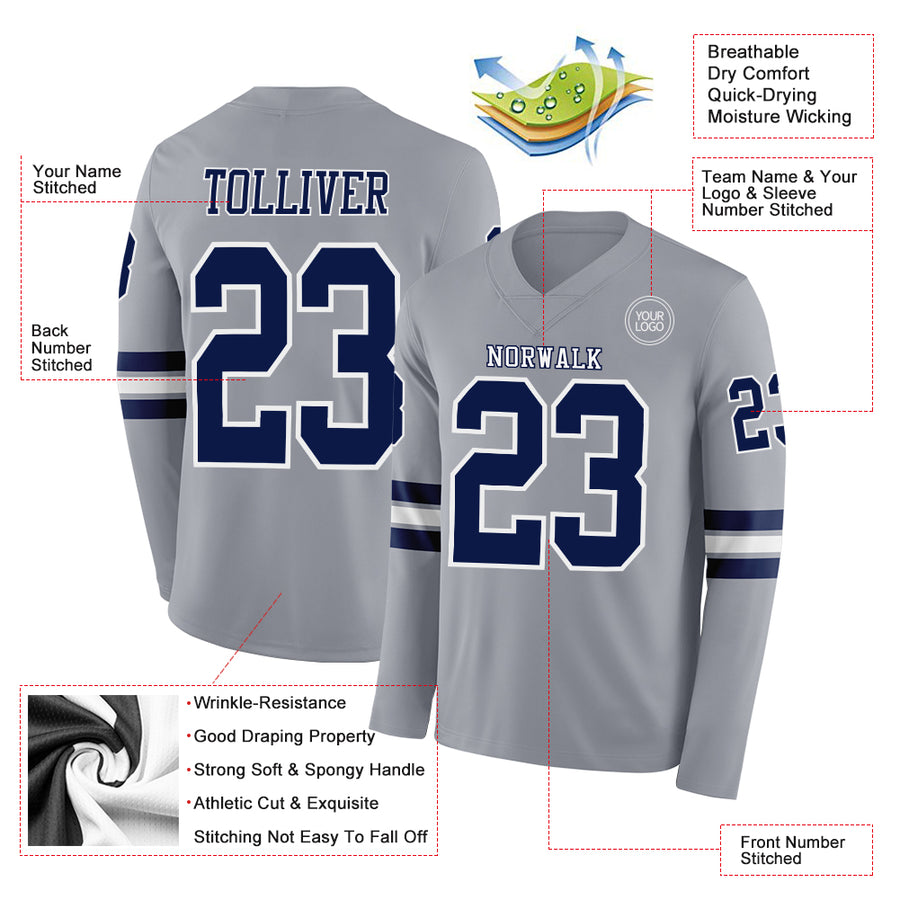Custom Gray Navy-White Long Sleeve Authentic Football Jersey