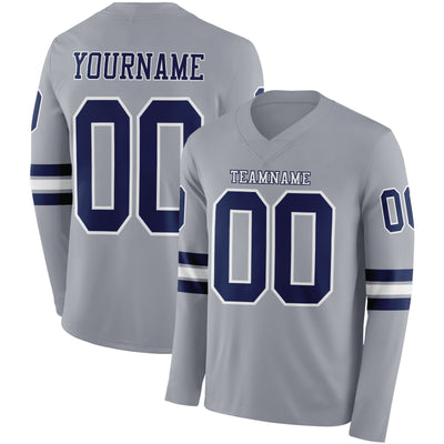 Custom Gray Navy-White Long Sleeve Authentic Football Jersey