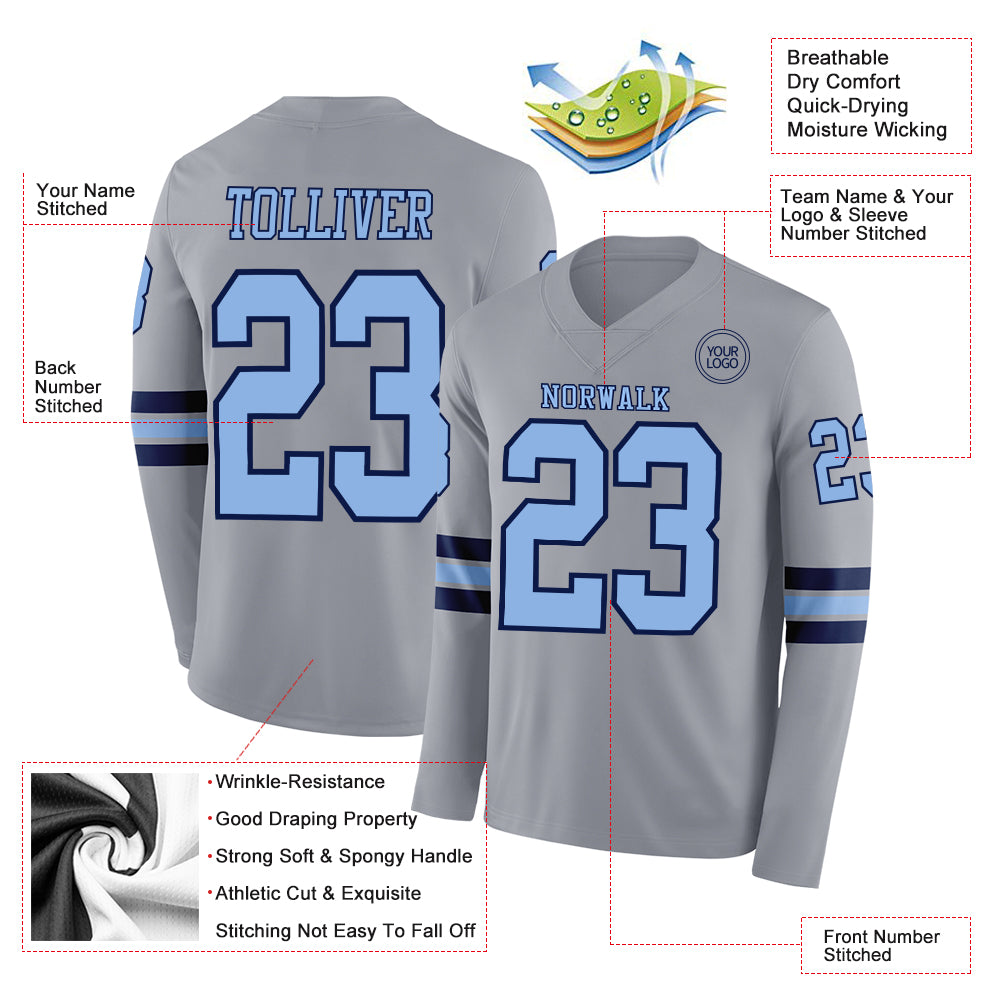 Custom Gray Light Blue-Navy Long Sleeve Authentic Football Jersey