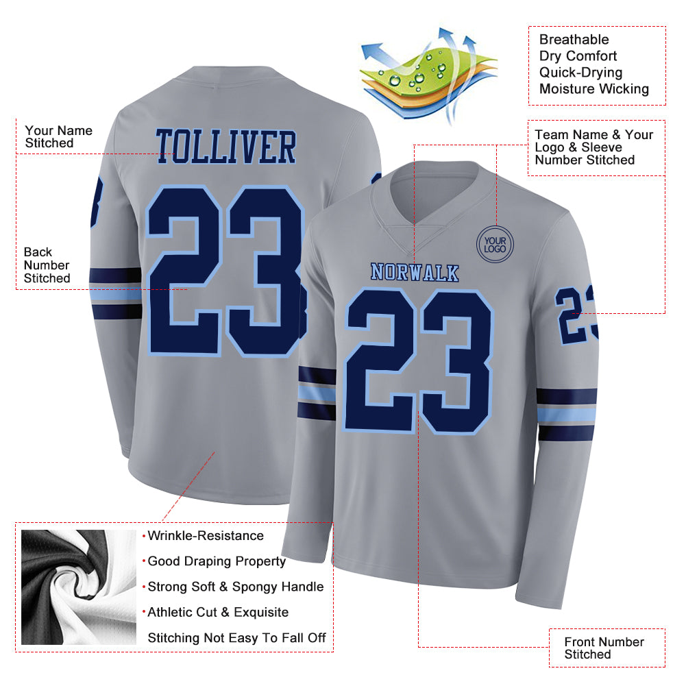 Custom Gray Navy-Light Blue Long Sleeve Authentic Football Jersey