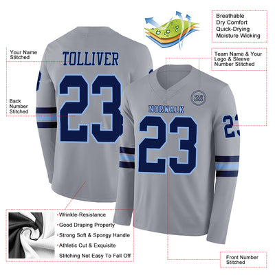 Custom Gray Navy-Light Blue Long Sleeve Authentic Football Jersey