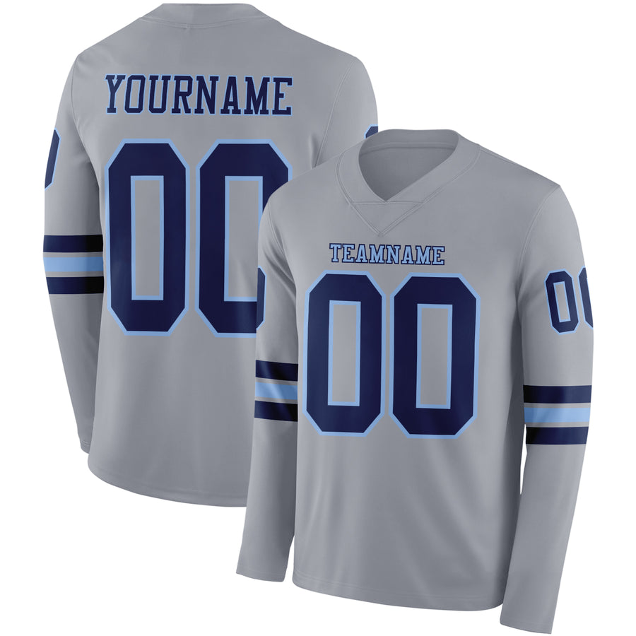 Custom Gray Navy-Light Blue Long Sleeve Authentic Football Jersey