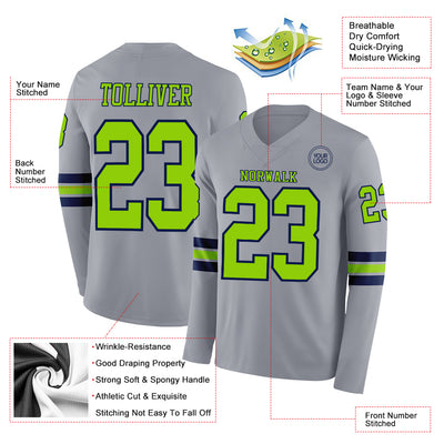 Custom Gray Neon Green-Navy Long Sleeve Authentic Football Jersey