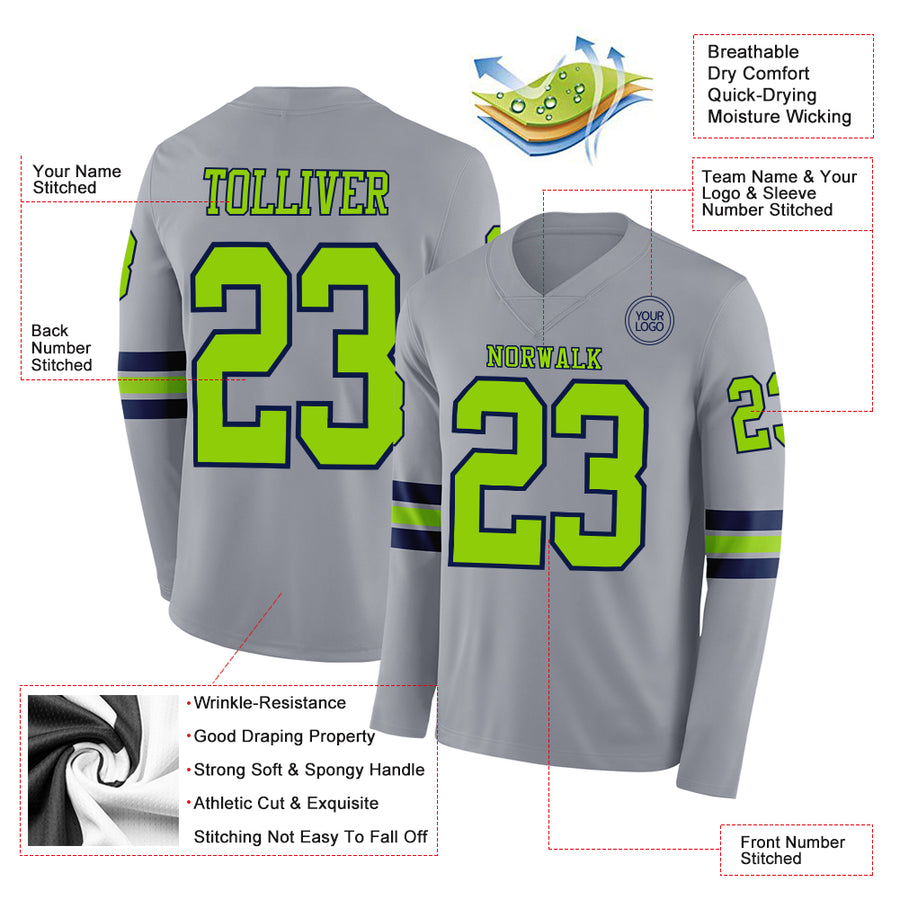 Custom Gray Neon Green-Navy Long Sleeve Authentic Football Jersey