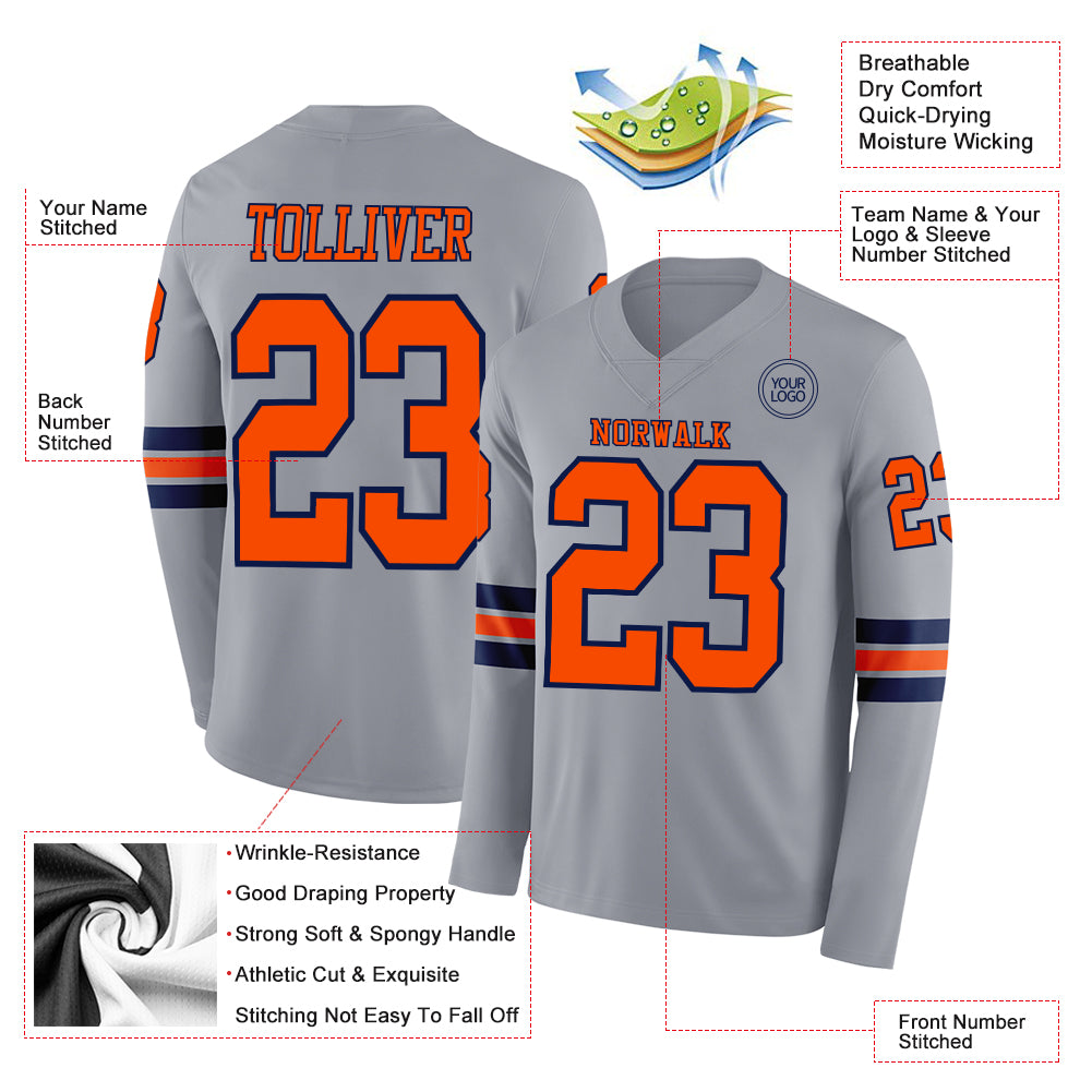 Custom Gray Orange-Navy Long Sleeve Authentic Football Jersey