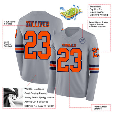 Custom Gray Orange-Navy Long Sleeve Authentic Football Jersey