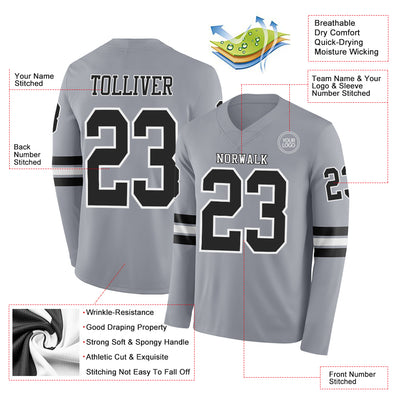 Custom Gray Black-White Long Sleeve Authentic Football Jersey