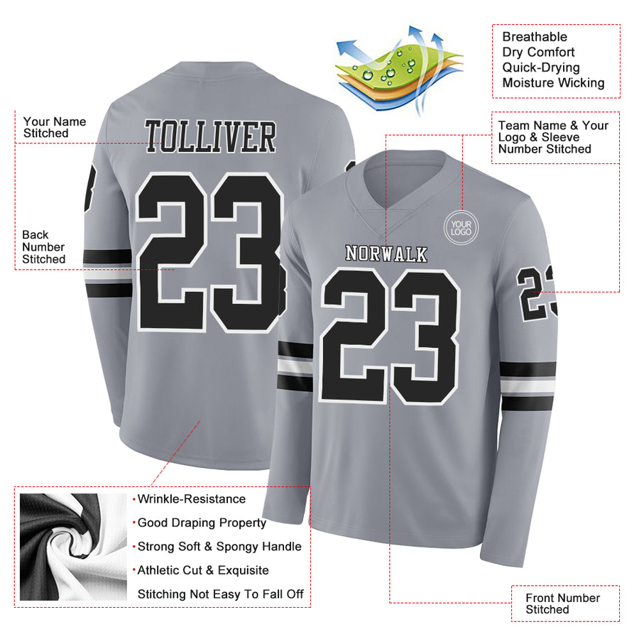 Custom Gray Black-White Long Sleeve Authentic Football Jersey