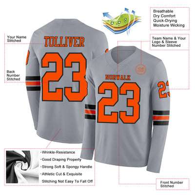 Custom Gray Orange-Black Long Sleeve Authentic Football Jersey