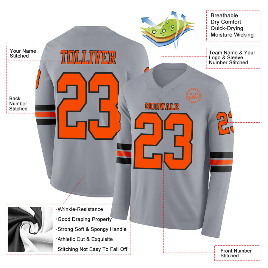 Custom Gray Orange-Black Long Sleeve Authentic Football Jersey