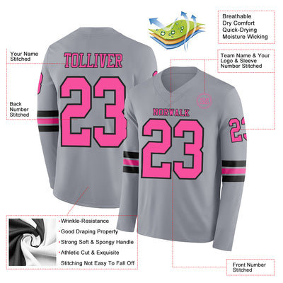Custom Gray Pink-Black Long Sleeve Authentic Football Jersey