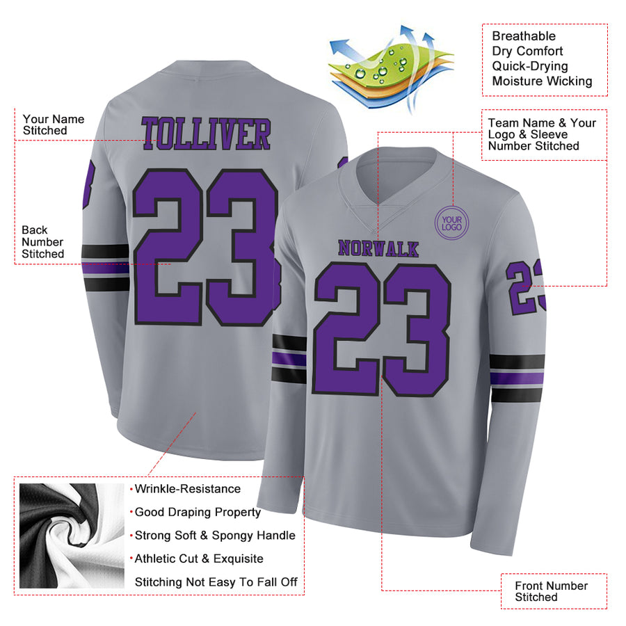 Custom Gray Purple-Black Long Sleeve Authentic Football Jersey