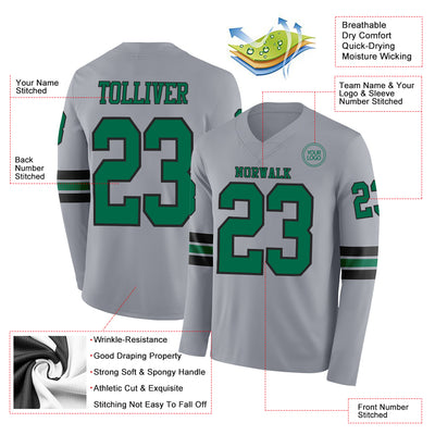 Custom Gray Kelly Green-Black Long Sleeve Authentic Football Jersey