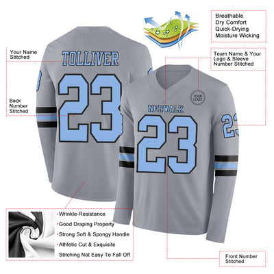 Custom Gray Light Blue-Black Long Sleeve Authentic Football Jersey