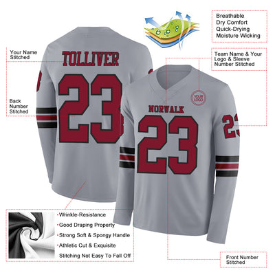 Custom Gray Crimson-Black Long Sleeve Authentic Football Jersey