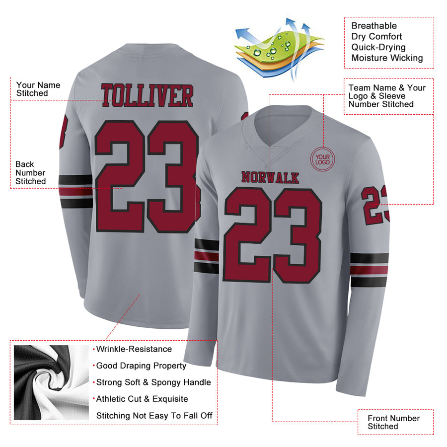 Custom Gray Crimson-Black Long Sleeve Authentic Football Jersey