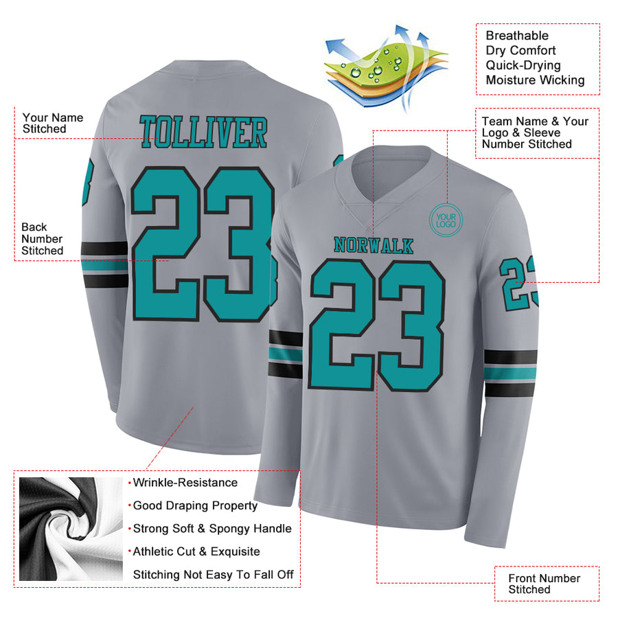 Custom Gray Teal-Black Long Sleeve Authentic Football Jersey