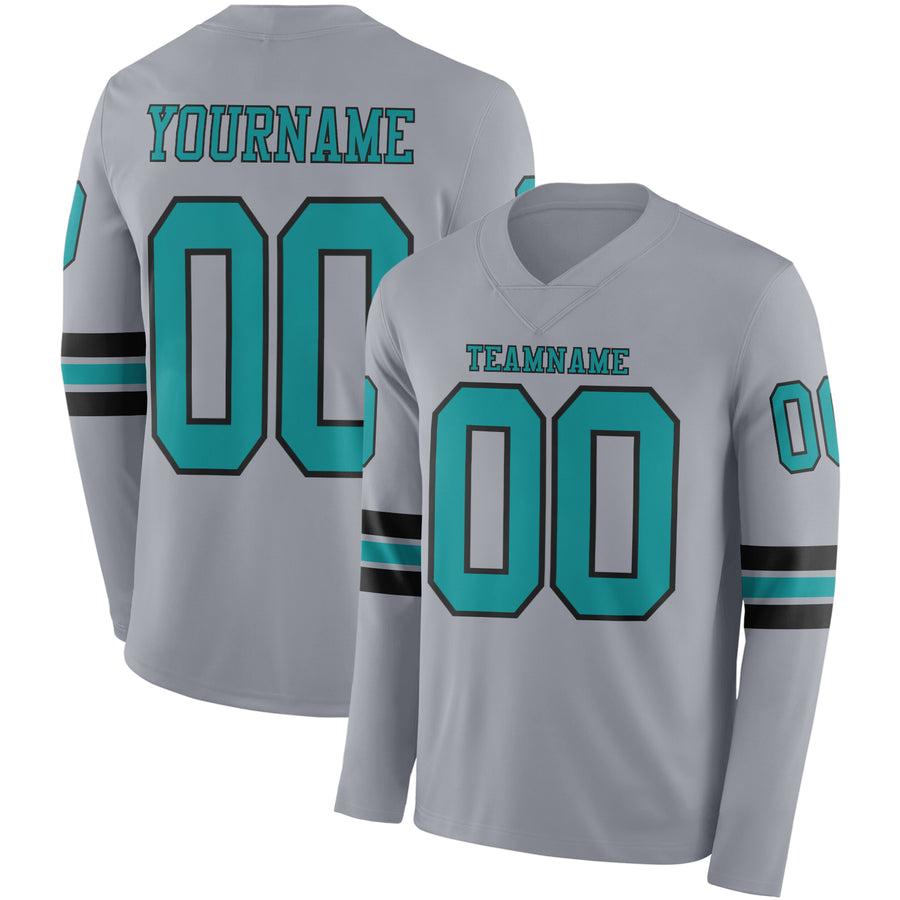Custom Gray Teal-Black Long Sleeve Authentic Football Jersey