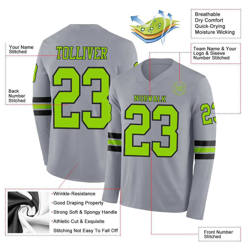 Custom Gray Neon Green-Black Long Sleeve Authentic Football Jersey