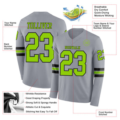 Custom Gray Neon Green-Black Long Sleeve Authentic Football Jersey