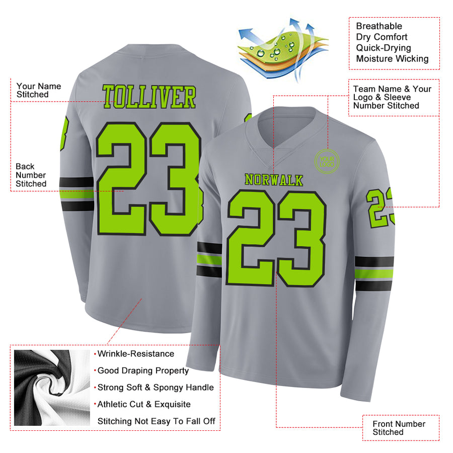 Custom Gray Neon Green-Black Long Sleeve Authentic Football Jersey