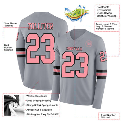 Custom Gray Medium Pink-Black Long Sleeve Authentic Football Jersey