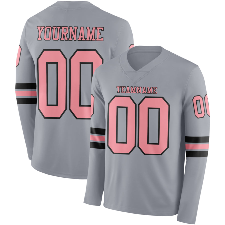 Custom Gray Medium Pink-Black Long Sleeve Authentic Football Jersey