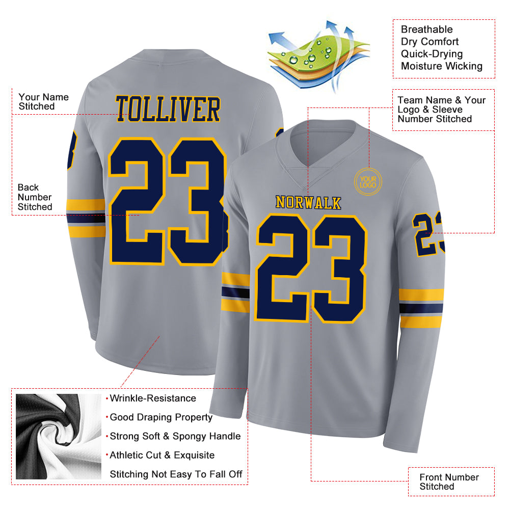 Custom Gray Navy-Gold Long Sleeve Authentic Football Jersey