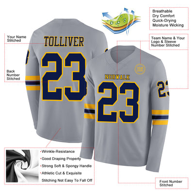 Custom Gray Navy-Gold Long Sleeve Authentic Football Jersey