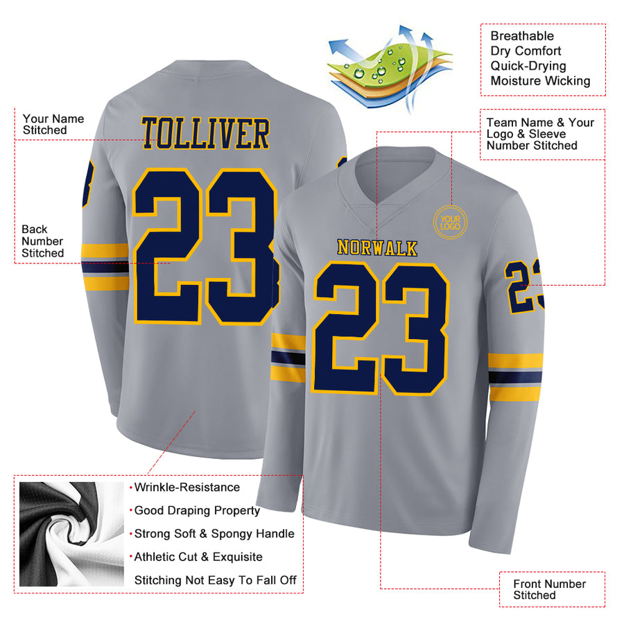 Custom Gray Navy-Gold Long Sleeve Authentic Football Jersey