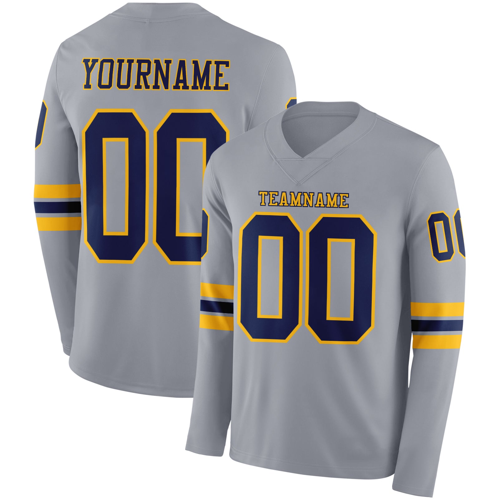 Custom Gray Navy-Gold Long Sleeve Authentic Football Jersey
