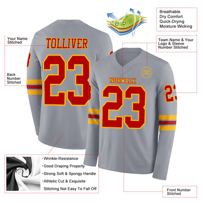 Custom Gray Red-Gold Long Sleeve Authentic Football Jersey