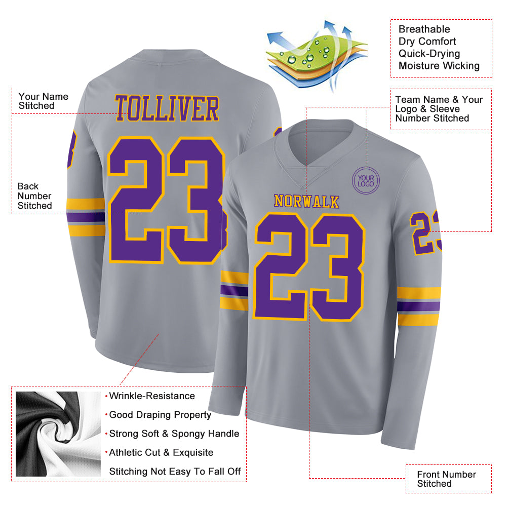 Custom Gray Purple-Gold Long Sleeve Authentic Football Jersey