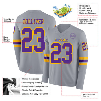 Custom Gray Purple-Gold Long Sleeve Authentic Football Jersey