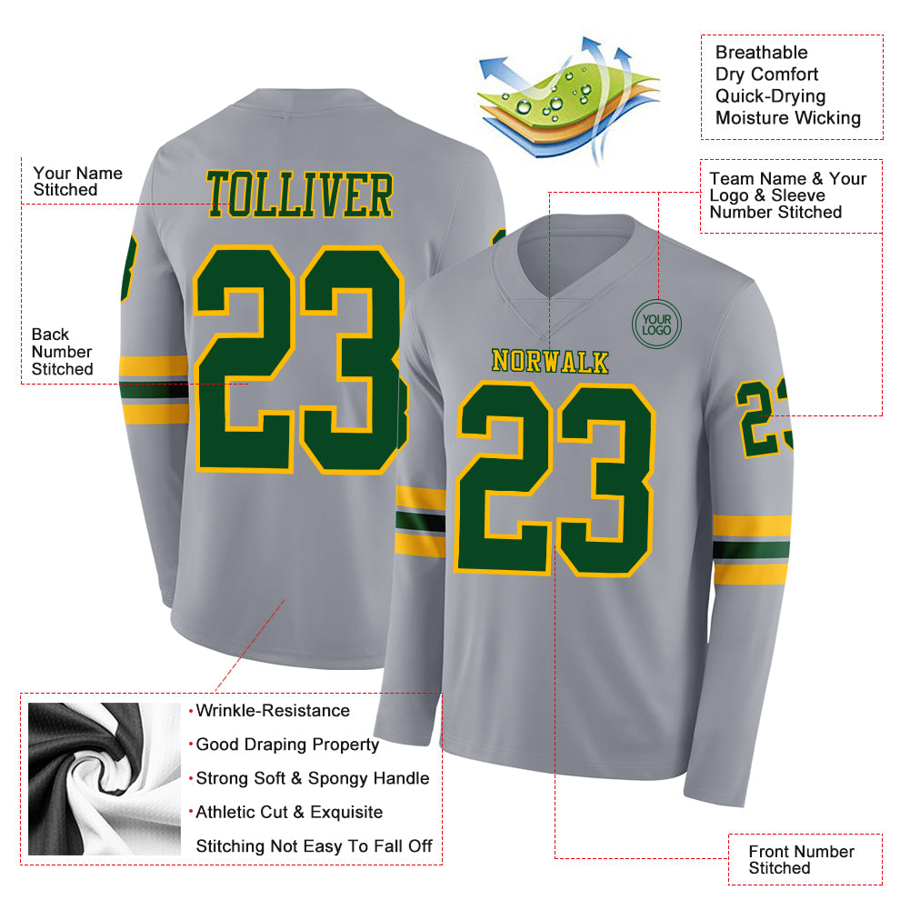 Custom Gray Green-Gold Long Sleeve Authentic Football Jersey
